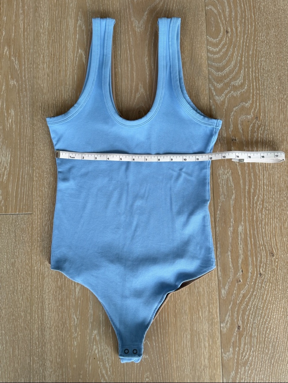 Abercrombie & Fitch Women’s Ribbed One-Piece Bodysuit in Light Blue and Taupe. - Picture 8 of 10